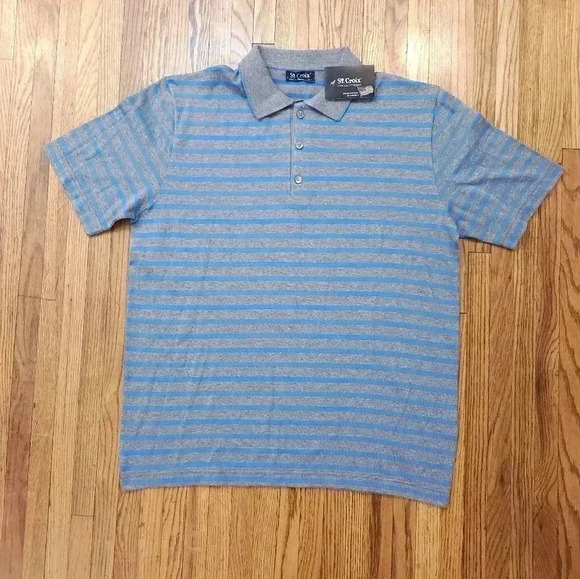St Croix  Mens Polo Size Large Grey Coastal Blue Striped NEW USA - Picture 1 of 8